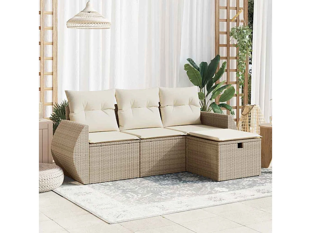 Salon de jardin avec coussins 4 pcs beige résine tressée