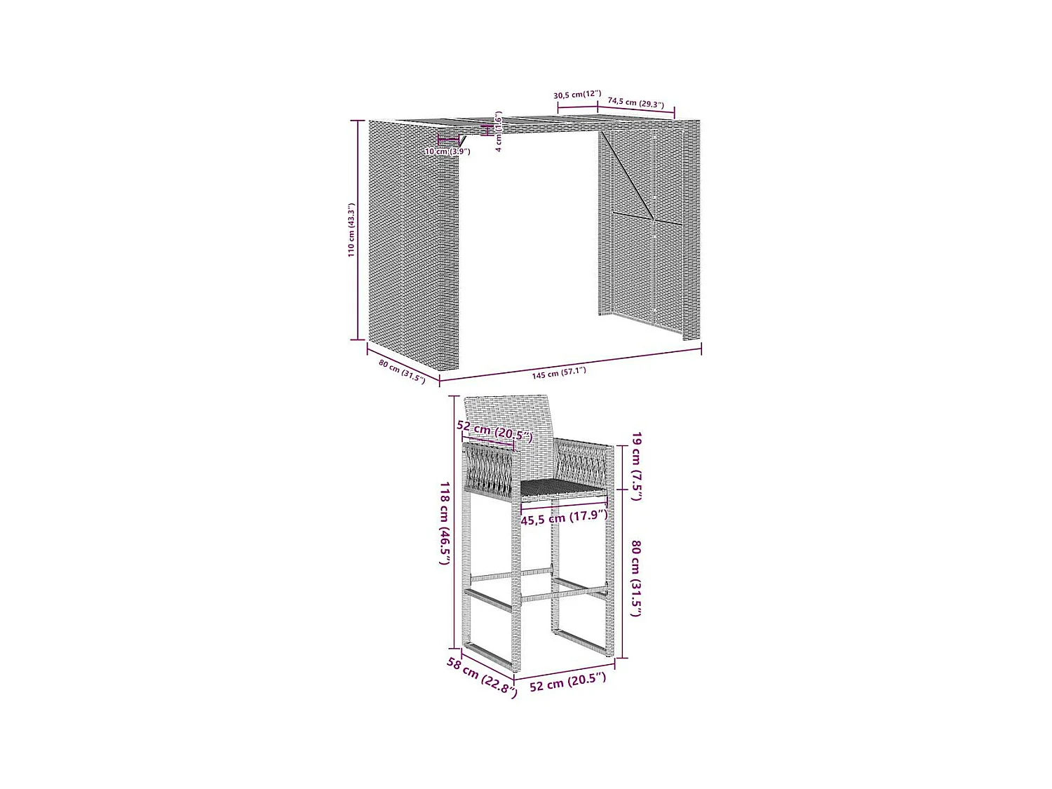 Ensemble de bar de jardin 5 pcs sans coussins gris poly rotin