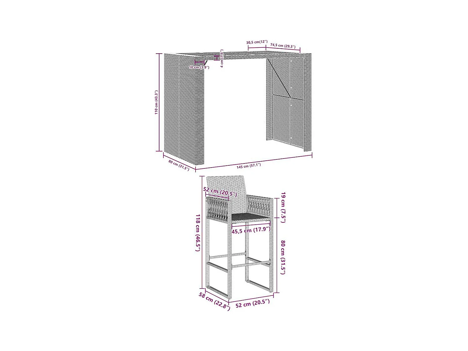 Ensemble de bar de jardin 5 pcs sans coussins gris poly rotin