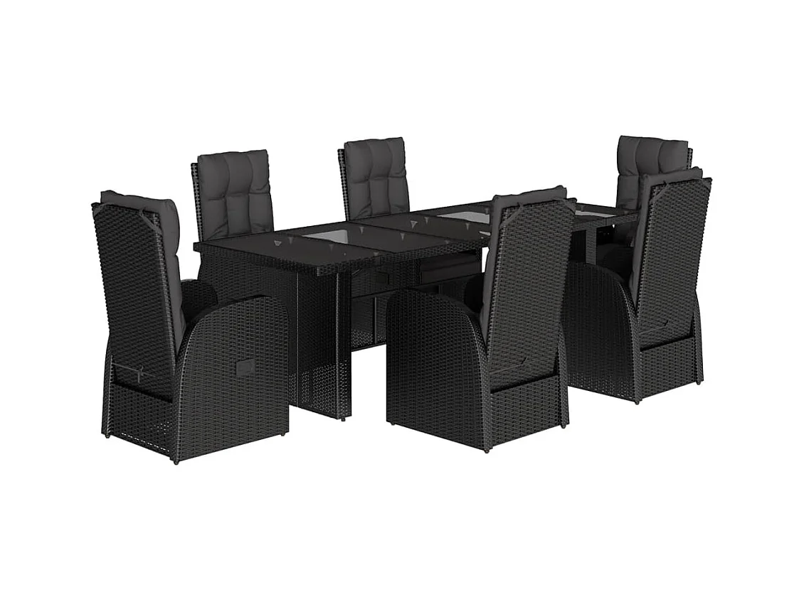 Ensemble à manger de jardin coussins 7 pcs noir résine tressée