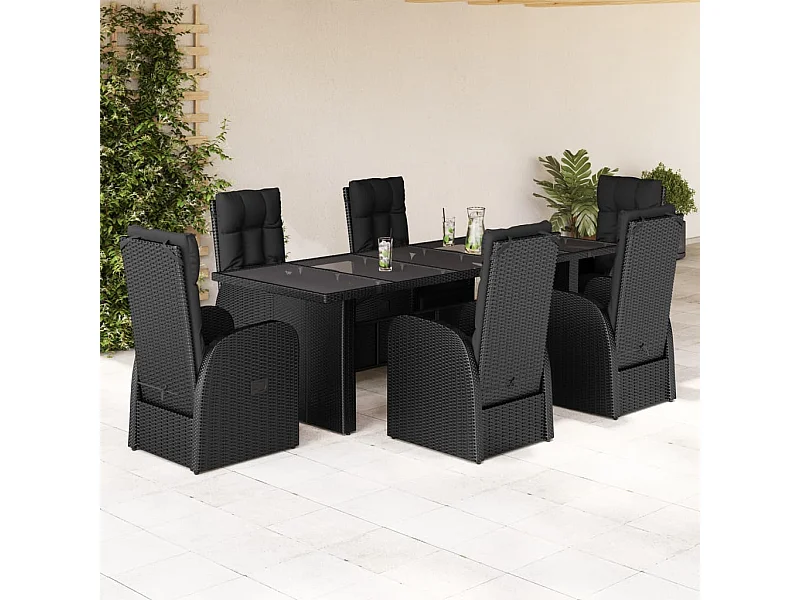 7-tlg. Garten-Essgruppe mit Kissen Schwarz Poly Rattan