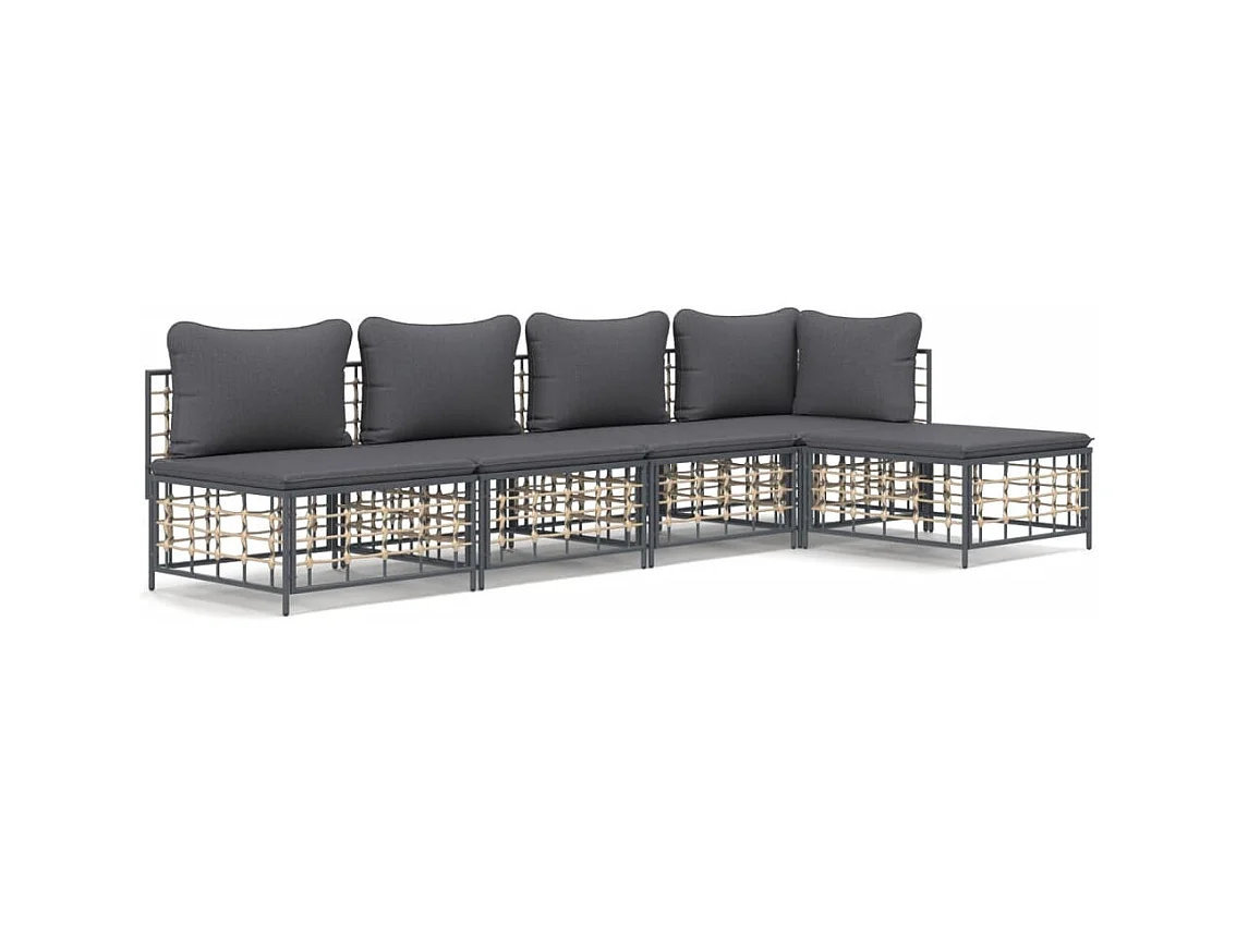 5-delige Loungeset met kussens poly rattan antracietkleurig