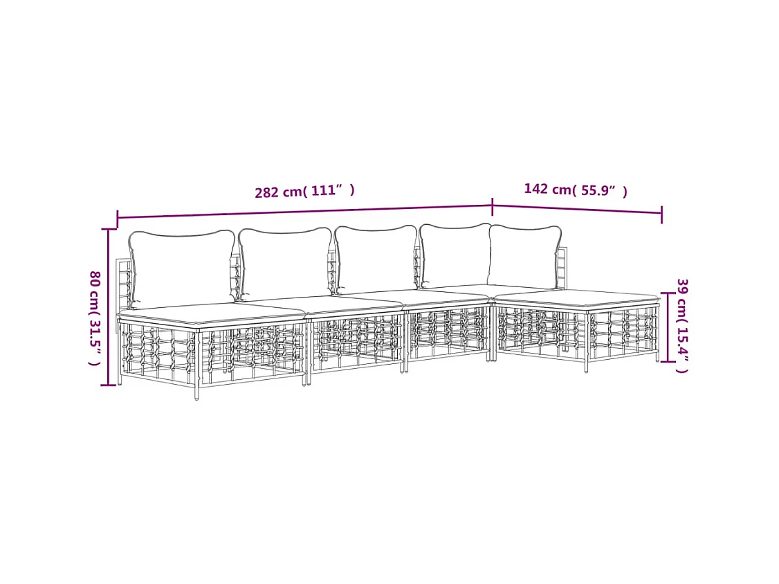 5-delige Loungeset met kussens poly rattan antracietkleurig