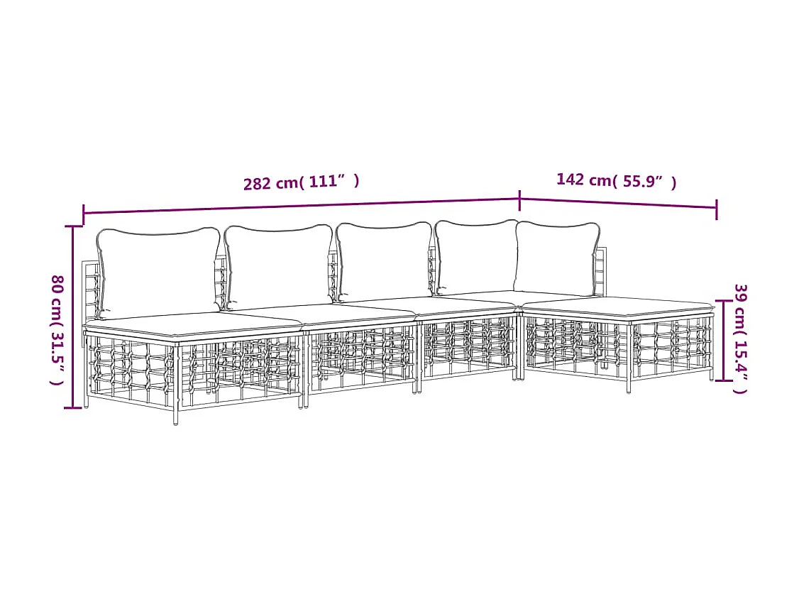 5-delige Loungeset met kussens poly rattan antracietkleurig