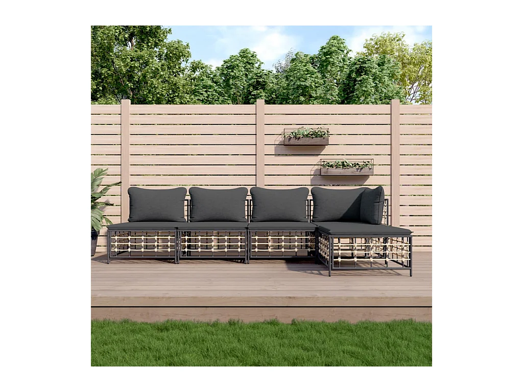 5-tlg. Garten-Lounge-Set mit Kissen Anthrazit Poly Rattan