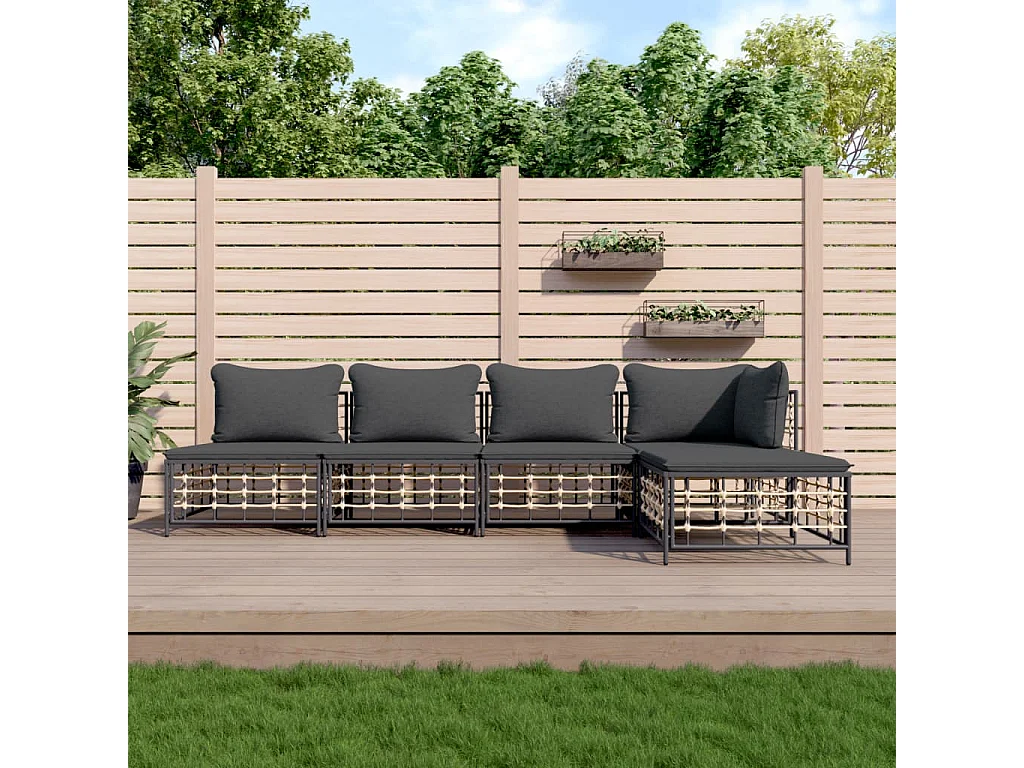 5-delige Loungeset met kussens poly rattan antracietkleurig