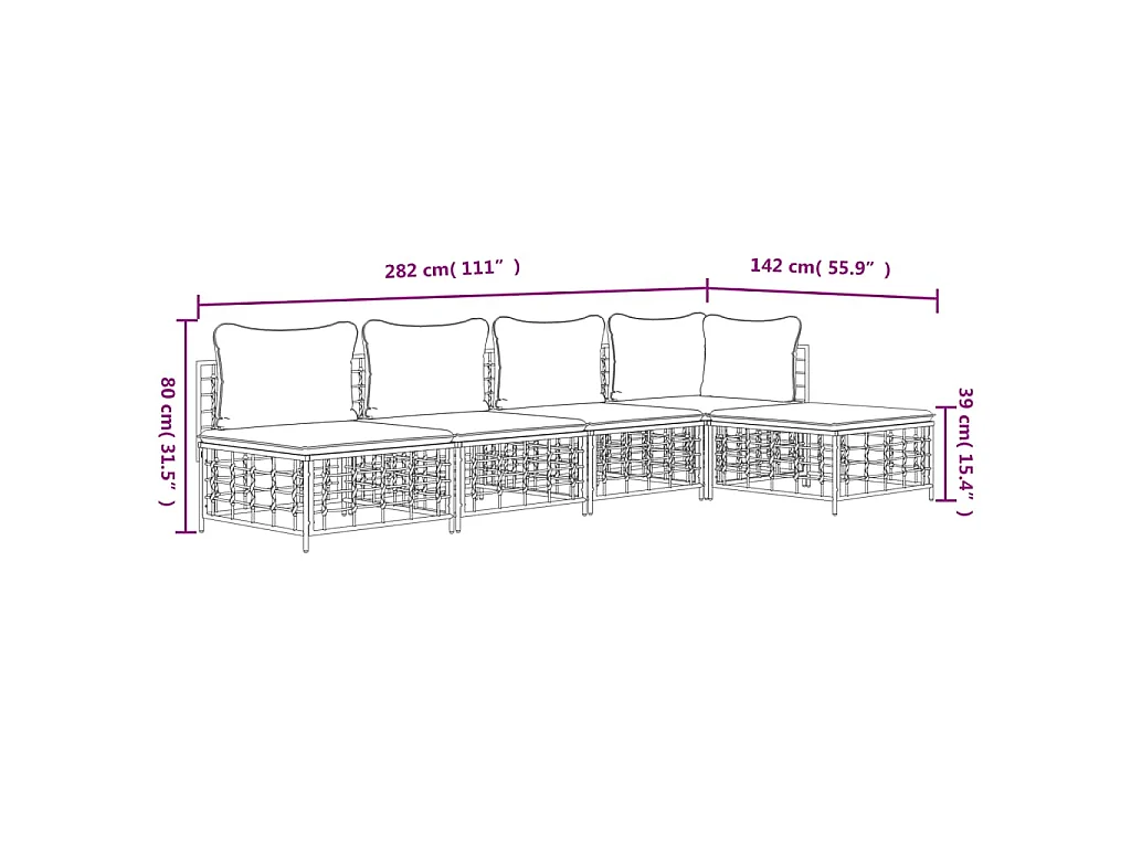 5-delige Loungeset met kussens poly rattan antracietkleurig