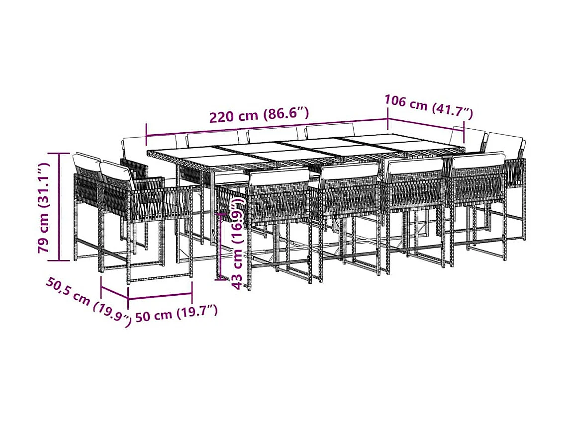13-tlg. Garten-Essgruppe mit Kissen Schwarz Poly Rattan