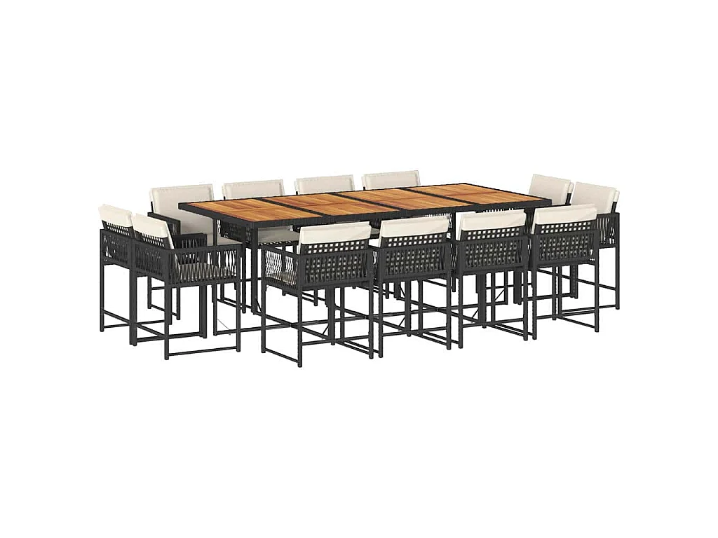 Set da Pranzo da Giardino 13pz con Cuscini Nero in Polyrattan