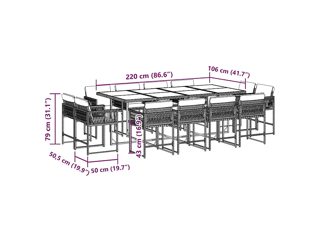 Set da Pranzo da Giardino 13pz con Cuscini Nero in Polyrattan