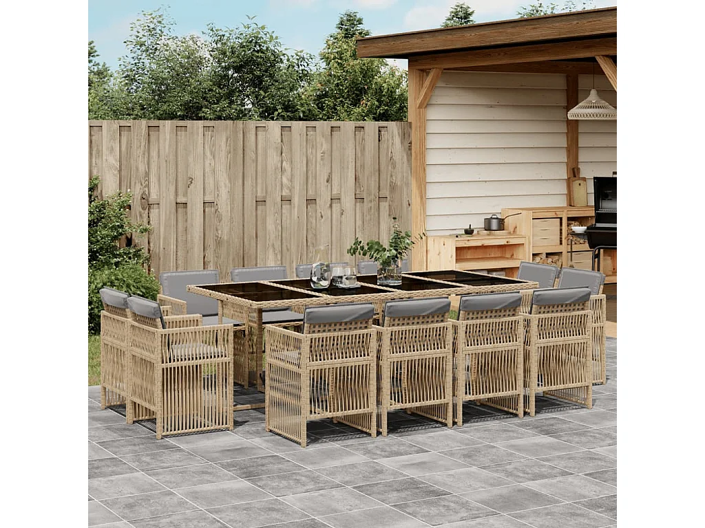 Ensemble à manger de jardin coussins 13 pcs mélange beige rotin