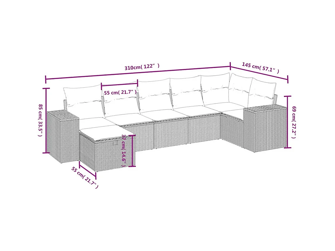 7-tlg. Garten-Sofagarnitur mit Kissen Braun Poly Rattan