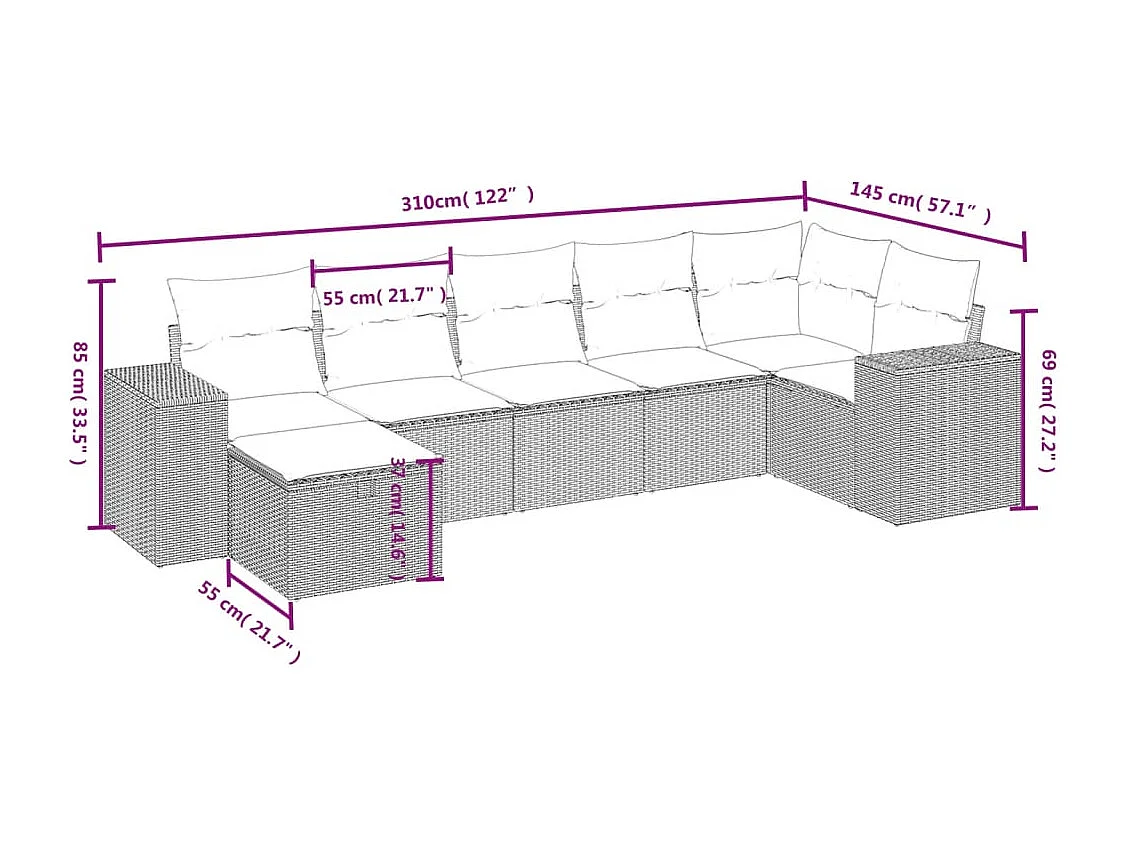 Salon de jardin avec coussins 7 pcs marron résine tressée