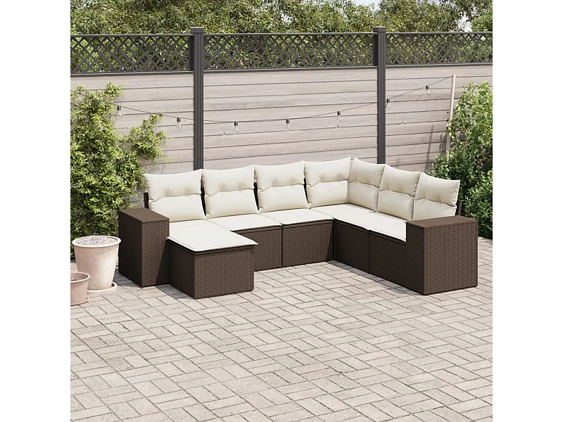 7-tlg. Garten-Sofagarnitur mit Kissen Braun Poly Rattan