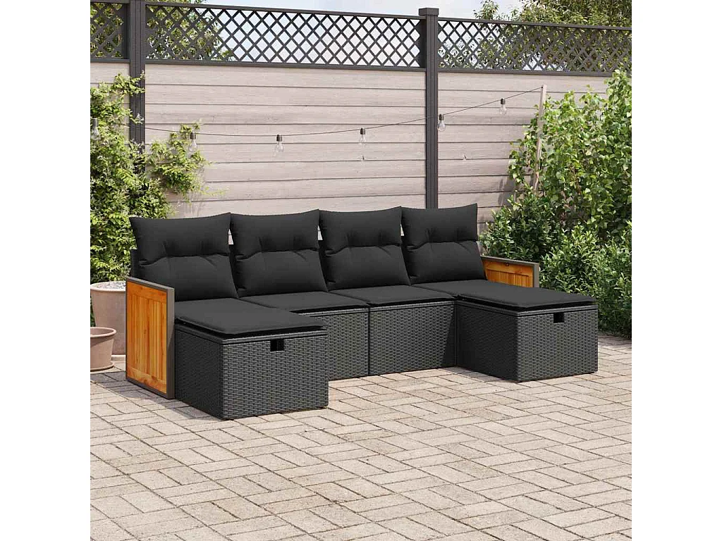 Salon de jardin 6 pcs avec coussins noir résine tressée