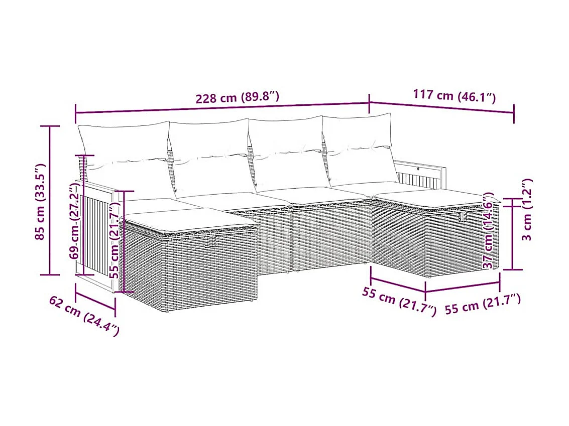 Salon de jardin 6 pcs avec coussins noir résine tressée