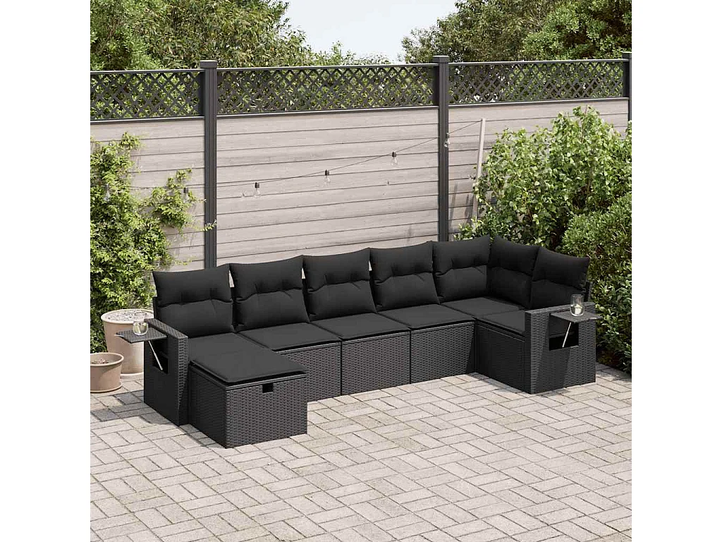 7-tlg. Garten-Sofagarnitur mit Kissen Schwarz Poly Rattan