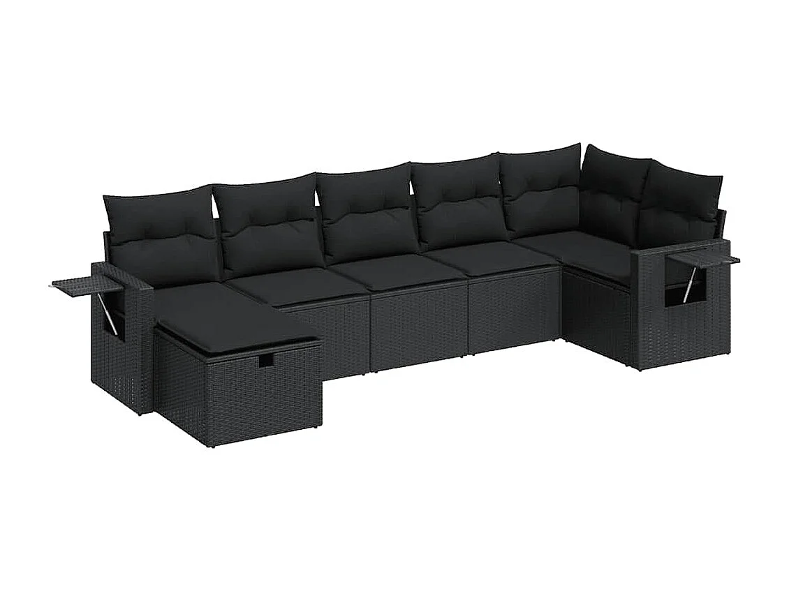 7-tlg. Garten-Sofagarnitur mit Kissen Schwarz Poly Rattan