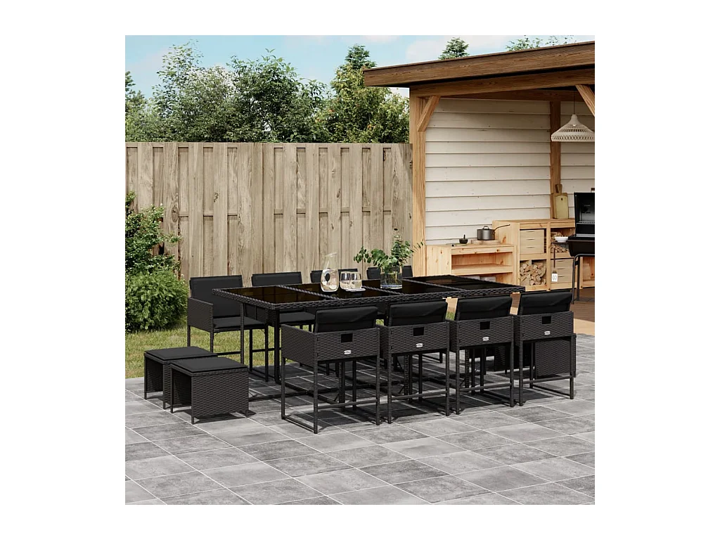Ensemble à manger de jardin 13 pcs coussins noir résine tressée