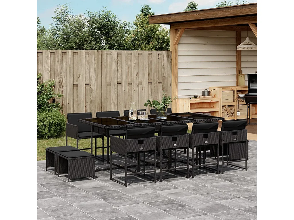 Ensemble à manger de jardin 13 pcs coussins noir résine tressée