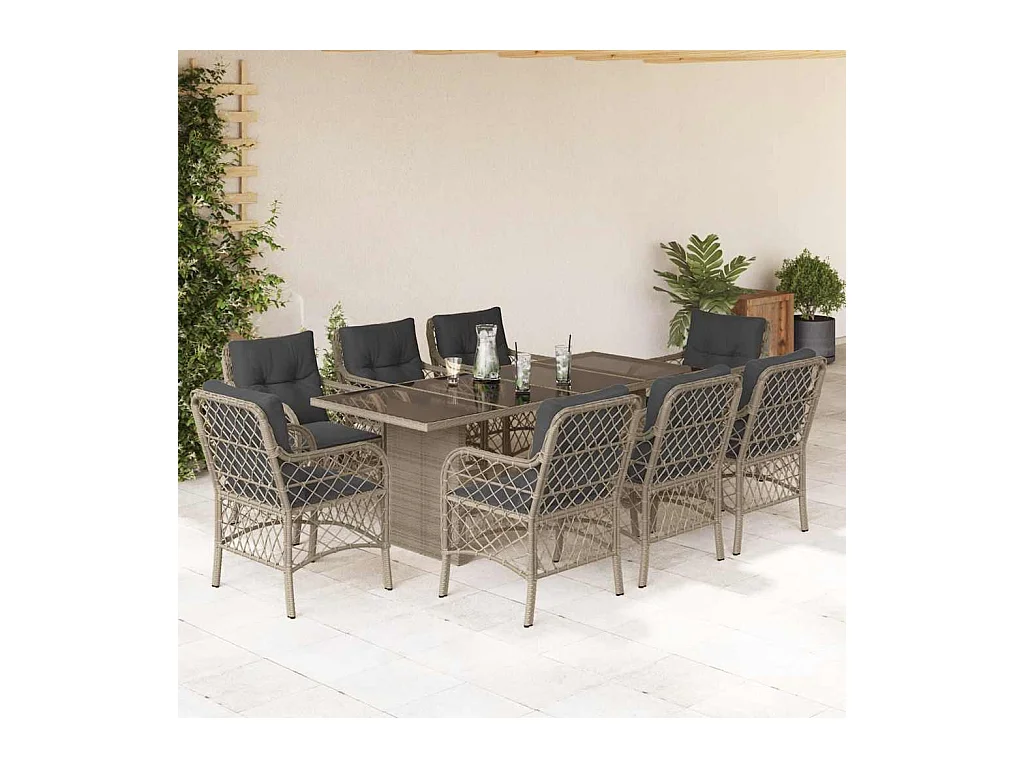 Ensemble à manger de jardin et coussins 9 pcs gris clair rotin