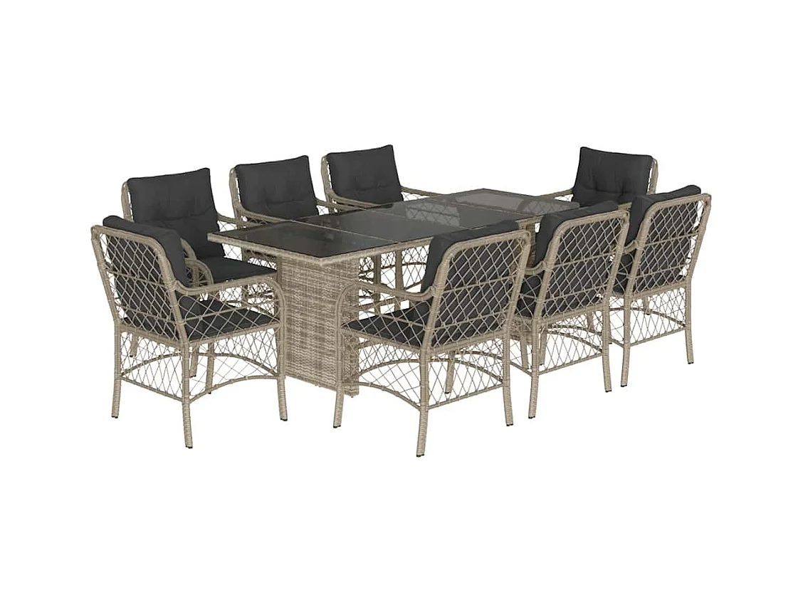 Ensemble à manger de jardin et coussins 9 pcs gris clair rotin