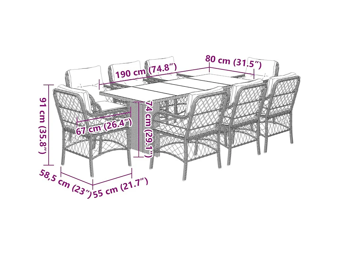 Ensemble à manger de jardin et coussins 9 pcs gris clair rotin