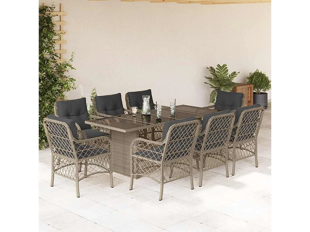 Ensemble à manger de jardin et coussins 9 pcs gris clair rotin
