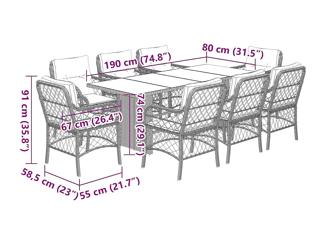 Ensemble à manger de jardin et coussins 9 pcs gris clair rotin