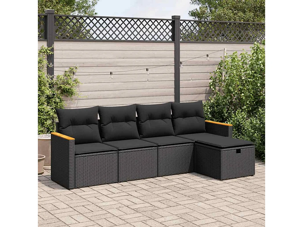 5 pcs conjunto sofás de jardim com almofadões vime PE preto