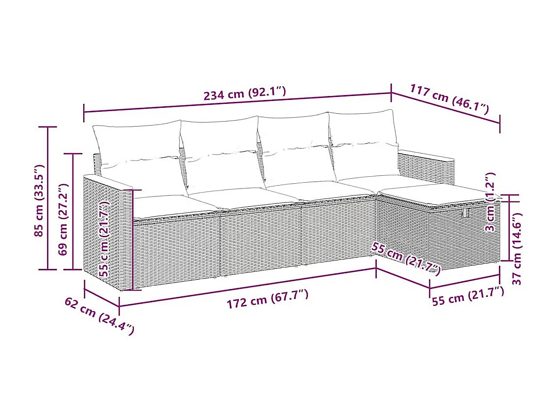 5 pcs conjunto sofás de jardim com almofadões vime PE preto