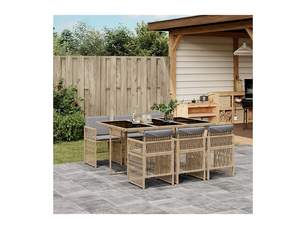 Ensemble à manger de jardin coussins 7 pcs mélange beige rotin