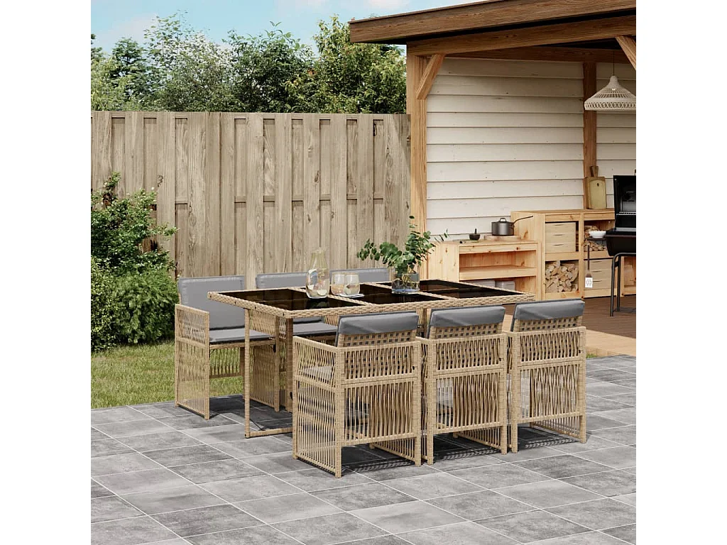 7-delige Tuinset met kussens poly rattan gemengd beige