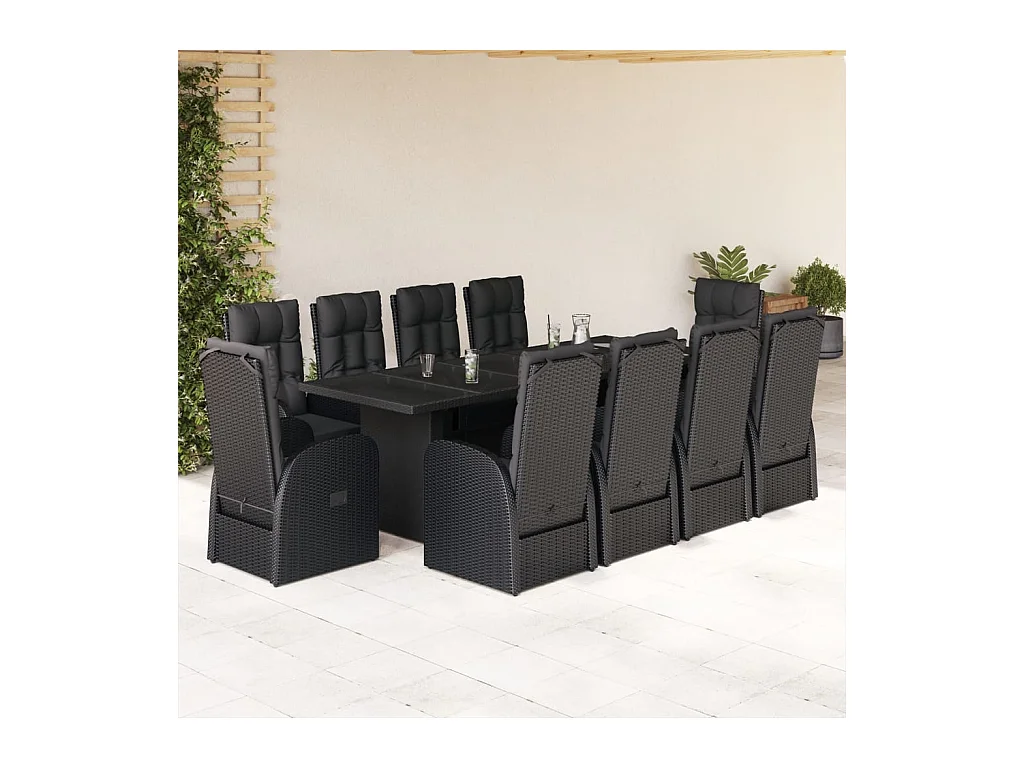 Ensemble à manger de jardin 11 pcs coussins noir résine tressée