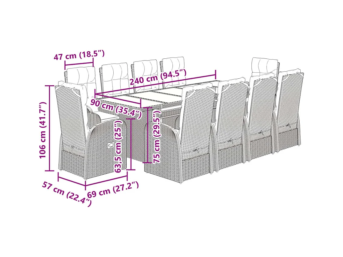 Ensemble à manger de jardin 11 pcs coussins noir résine tressée