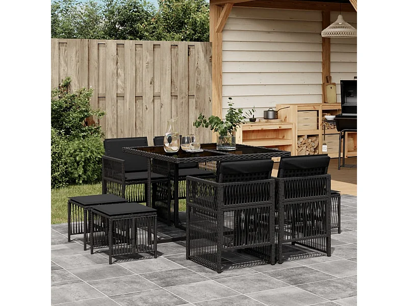 Ensemble à manger de jardin 9pcs coussins noir résine tressée