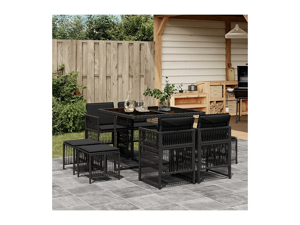 Ensemble à manger de jardin 9pcs coussins noir résine tressée