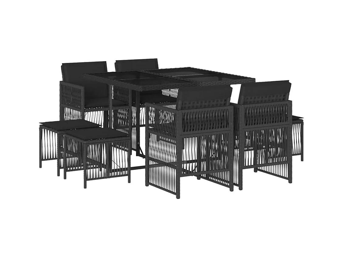 Ensemble à manger de jardin 9pcs coussins noir résine tressée