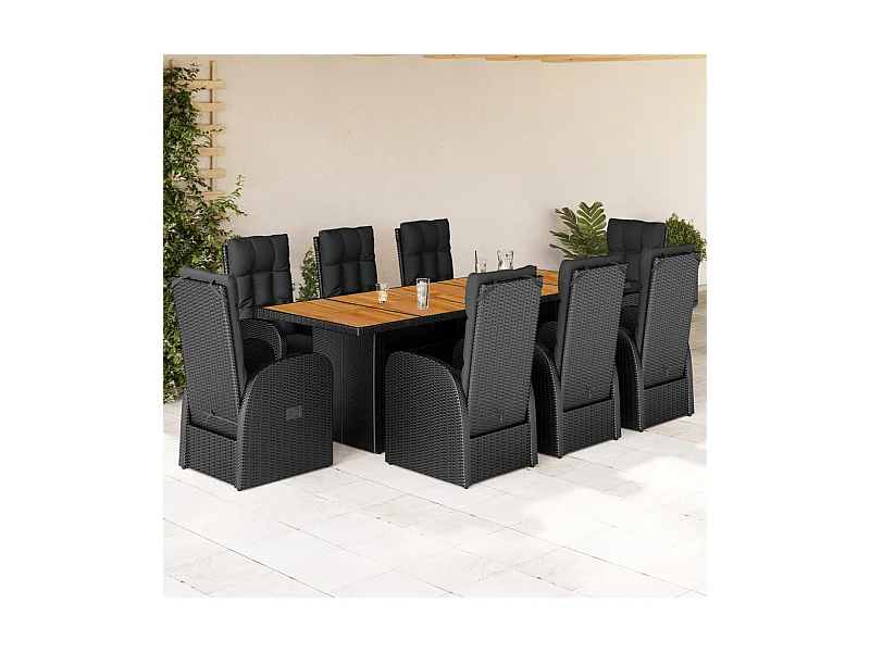 Set de comedor de jardín 9 pzas y cojines ratán sintético negro