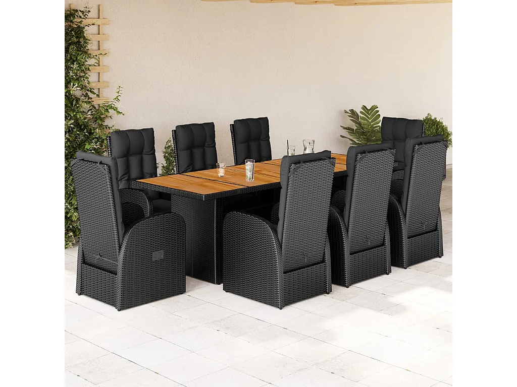 9-tlg. Garten-Essgruppe mit Kissen Schwarz Poly Rattan