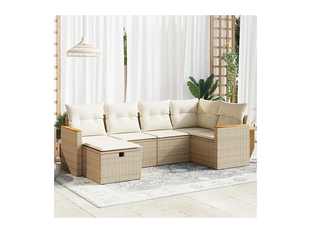 6-tlg. Garten-Sofagarnitur mit Kissen Beige Poly Rattan