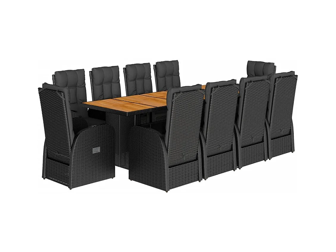 11 pcs conjunto de jantar p/ jardim c/ almofadões vime PE preto