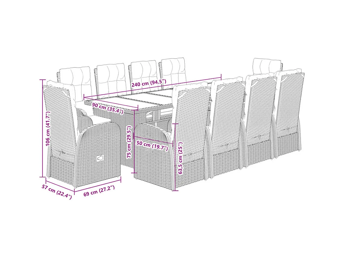 11 pcs conjunto de jantar p/ jardim c/ almofadões vime PE preto