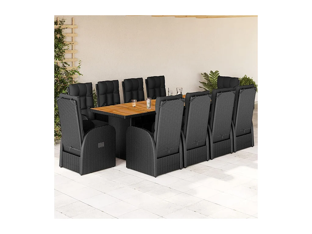 Ensemble à manger de jardin 11 pcs coussins noir résine tressée
