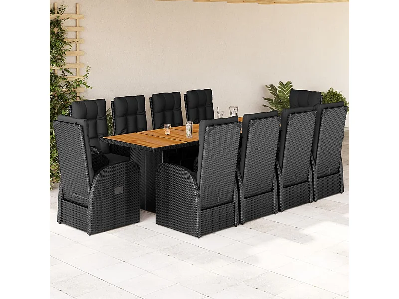 Set da Pranzo da Giardino 11 pz con Cuscini in Polyrattan Nero