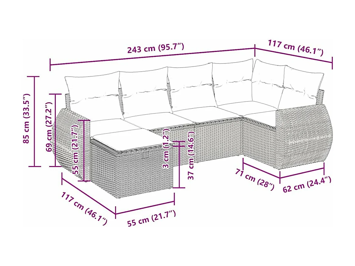 Salon de jardin avec coussins 6 pcs marron résine tressée