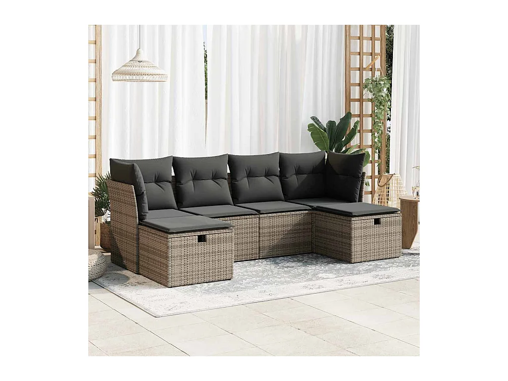 Salon de jardin 6 pcs avec coussins gris résine tressée