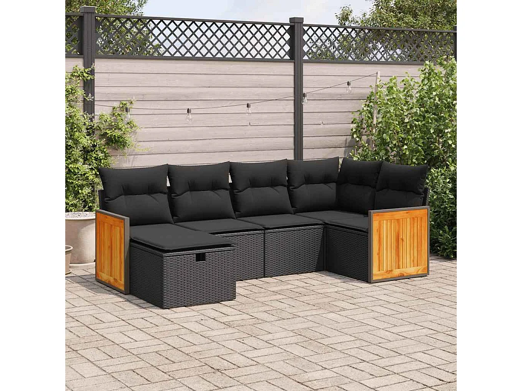 Salon de jardin 6 pcs avec coussins noir résine tressée