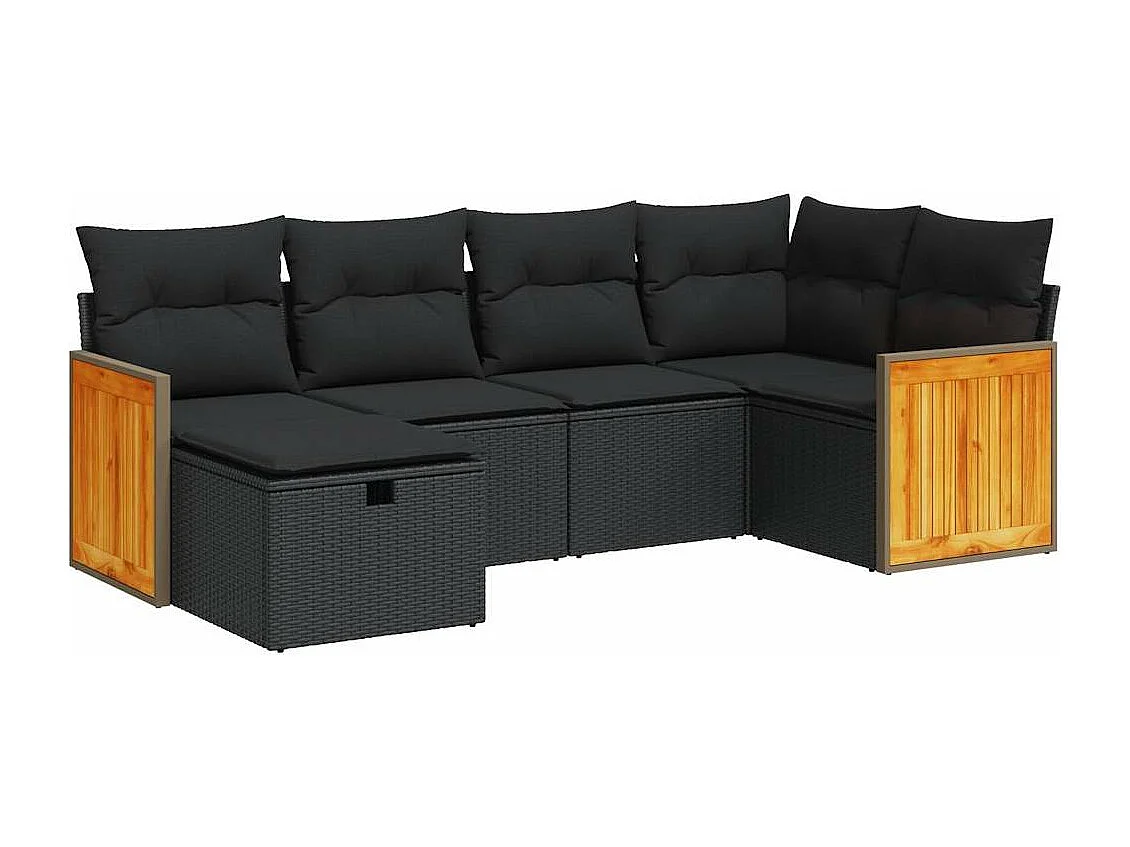 Salon de jardin 6 pcs avec coussins noir résine tressée