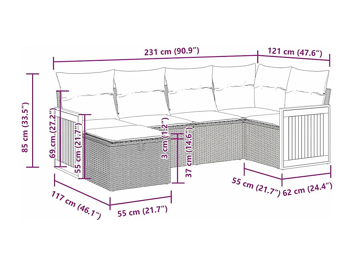Salon de jardin 6 pcs avec coussins noir résine tressée